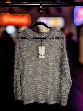 Zara Metallic Shiny Silver Open-Weave Crewneck Top or Swimsuit Coverup